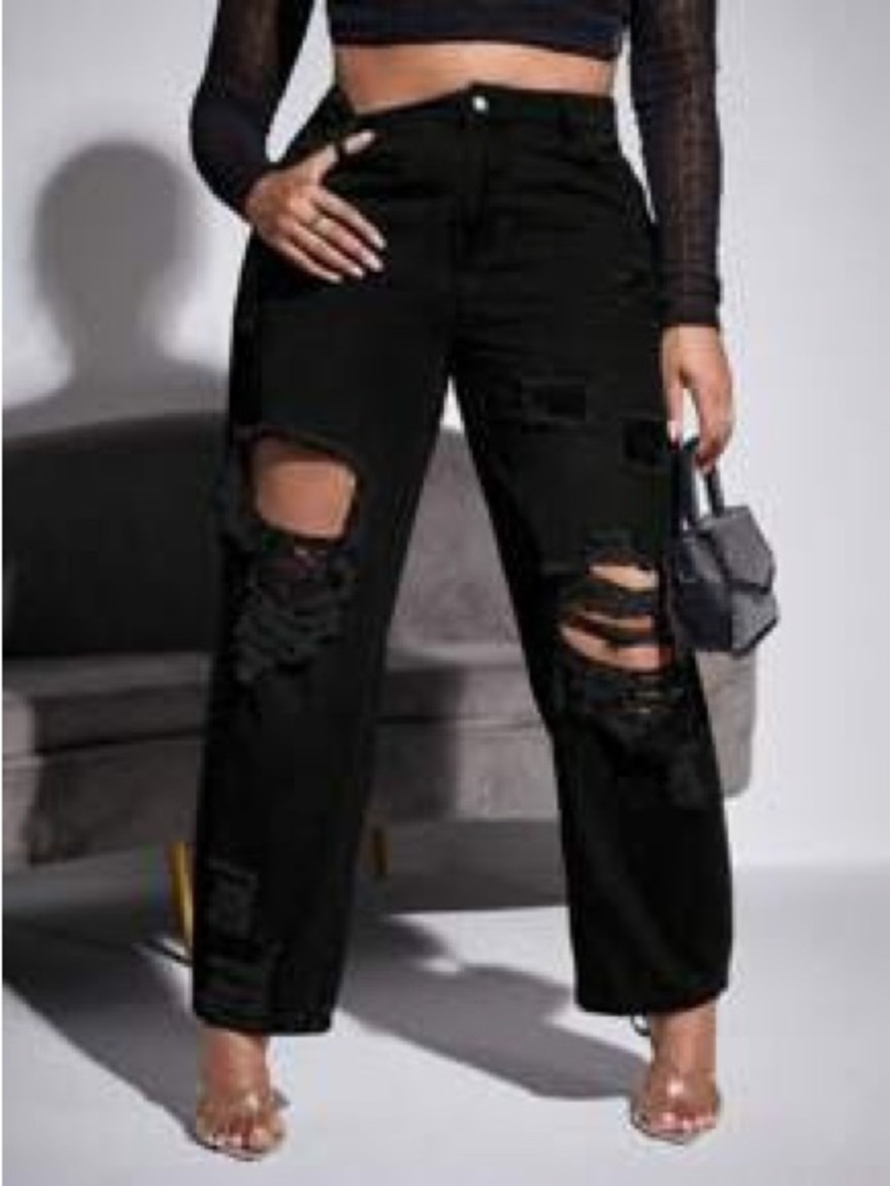 SHEIN Black Plus High Waist Ripped Straight Leg Jeans